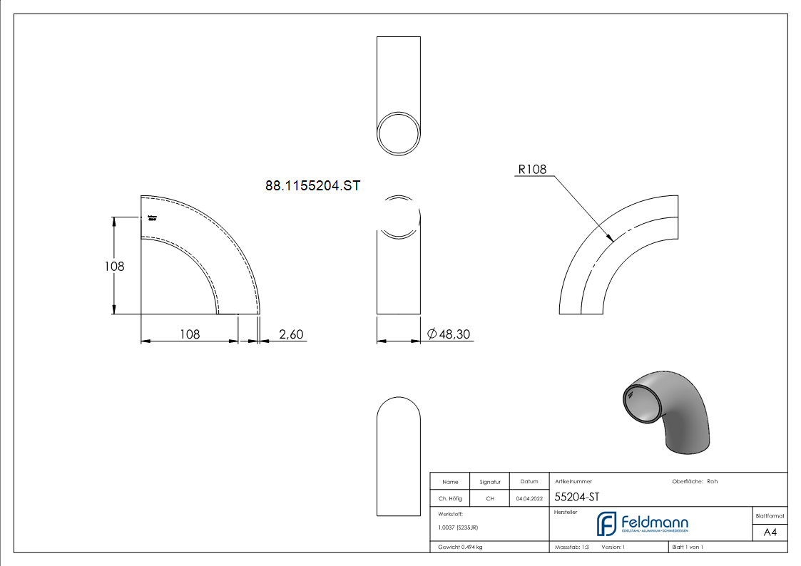 Rohrbogen 90° Stahl roh - 48-3 x 2-6 mm -1 ½- - Bauart 5-88-1155204.ST
