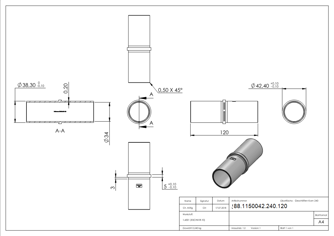 Rohrverbinder V2A fuer Rohr Ø 42-4x2-0 mm L 120 mm mit Mittelsteg-88-1150042-240.120