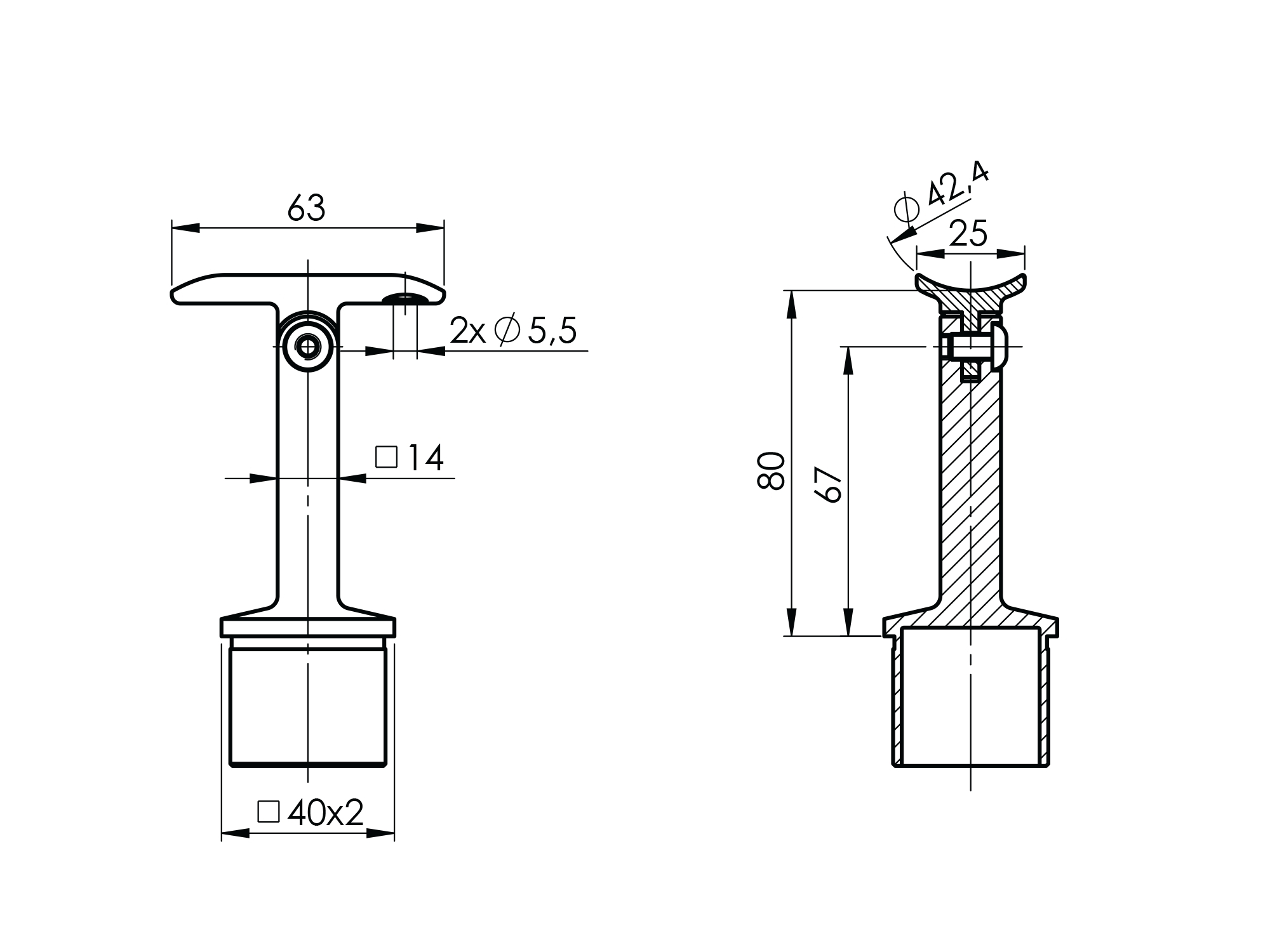 Handlaufhalter mit Gelenk für Vierkantrohr 40x40x2 mm V2A