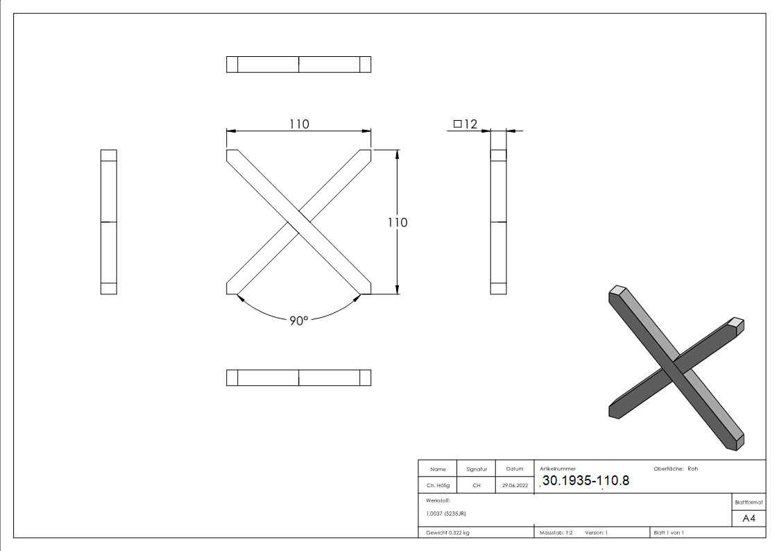 Kreuz | Material: 12x12 mm | Maße: 110x110 mm | Stahl S235JR, roh