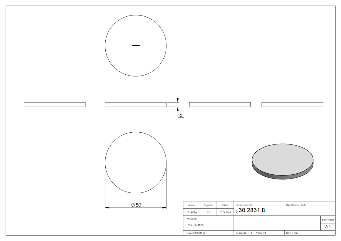 Ronde | Ø 80x6 mm | Stahl S235JR, roh