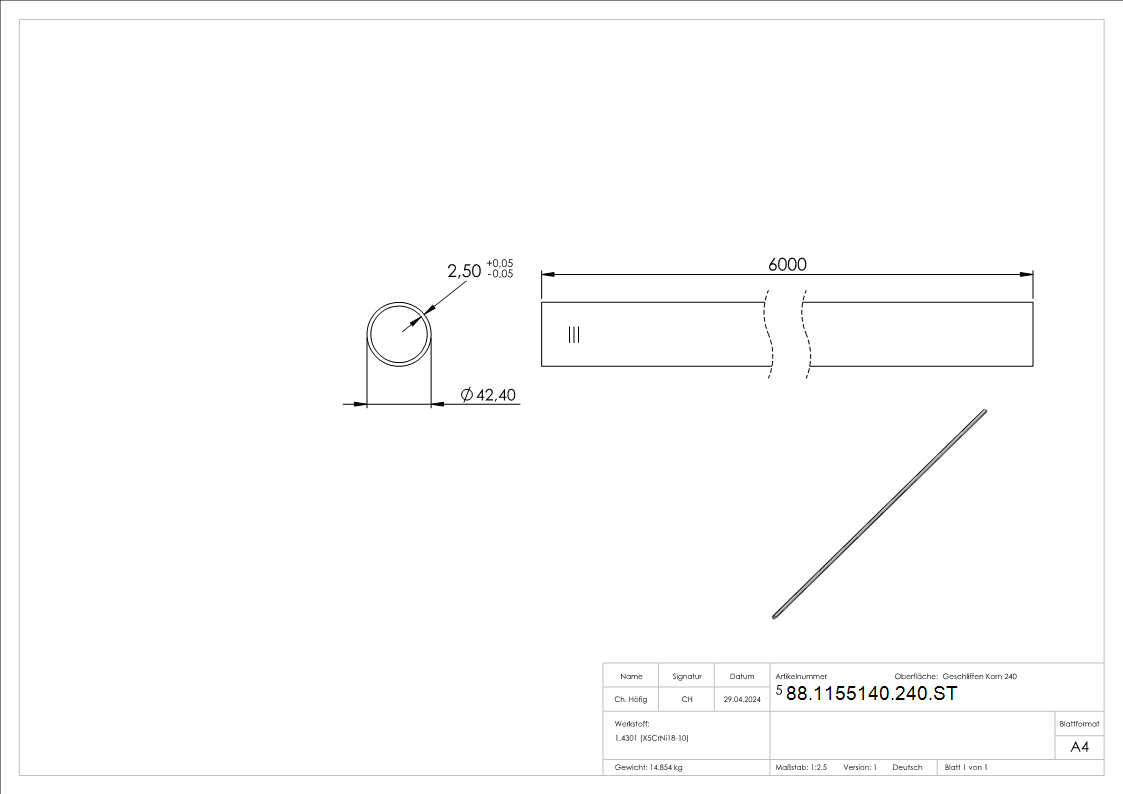 Edelstahlrohr- 42-4 x 2-5mm- L=6m- Korn 240 geschliffen- V2A Edelstahl-88-1155140-240.ST