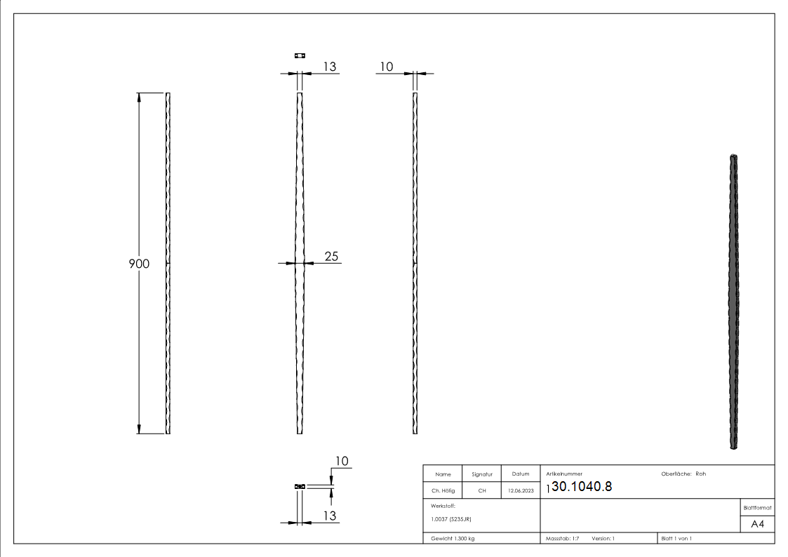 Zwischenstab - Laenge- 900 mm - Material- 13x10 mm - gehaemmert - Stahl S235JR- roh-30-1040.8