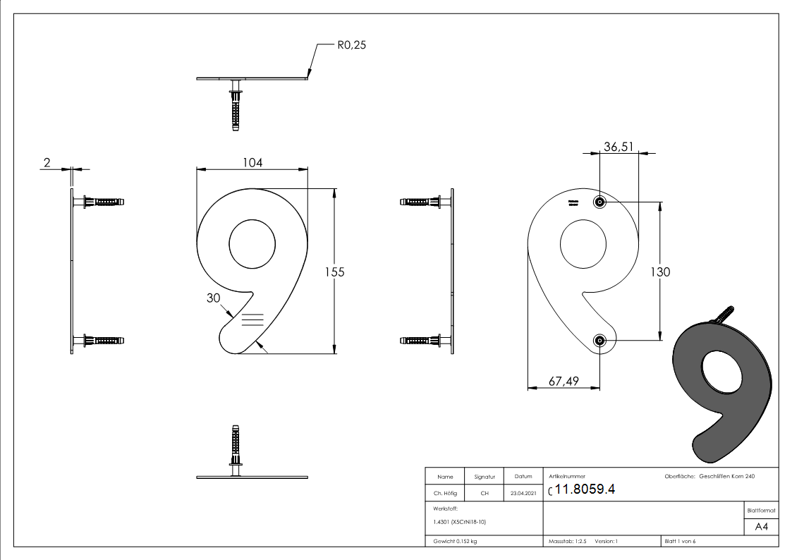 Hausnummer 9 | klein | Maße: 110 mm x 150 mm | V2A