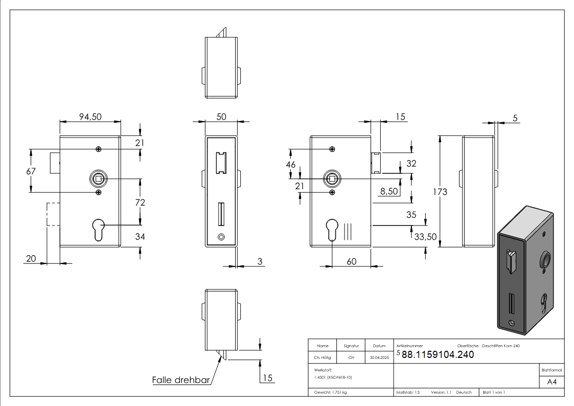 Schlosskasten Edelstahl 50 x 94-5 x 173 mm geschliffen Korn 240 mit verzinktem Schloss-88-1159104.240