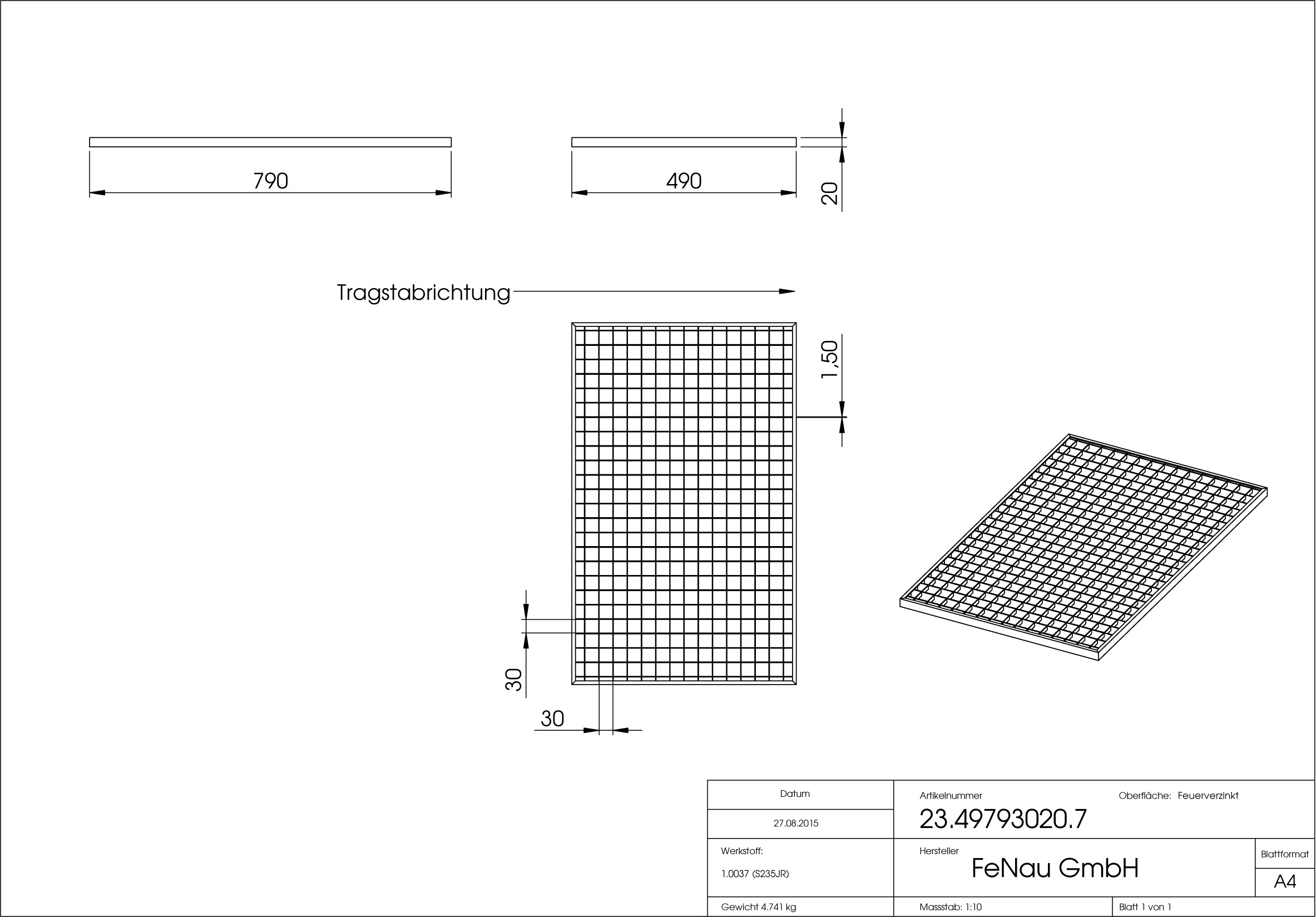 Lichtschachtrost Baunormrost | Maße:  490x790x20 mm 30/30 mm | aus S235JR (St37-2), im Vollbad feuerverzinkt