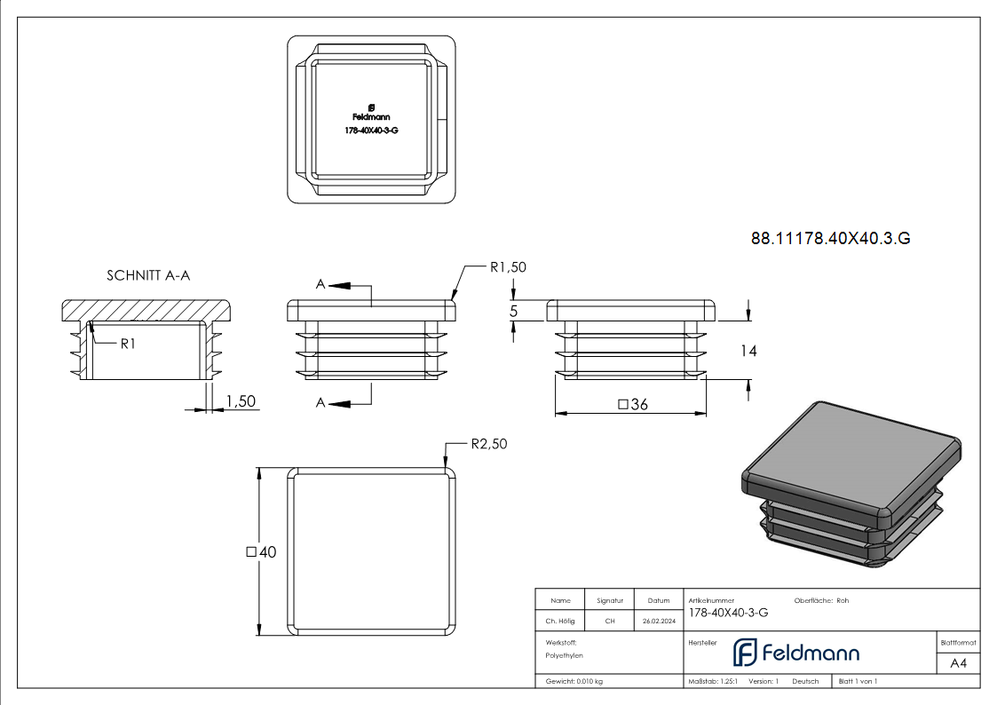Kunststoffkappe grau fuer Quadratrohr 40x40x3 mm-88-11178-40X40-3.G