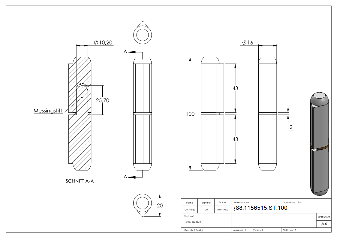 Anschweissband Stahl roh mit Messingring L = 100 mm Rollen-Ø 16 mm Stift-Ø 10 mm-88-1156515-ST.100