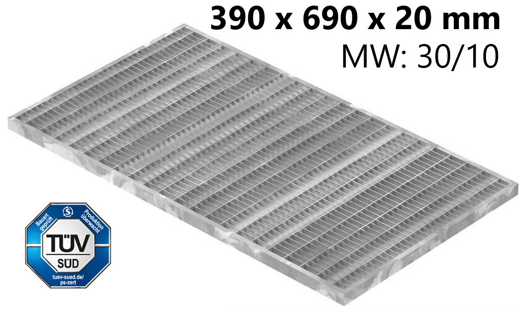 Lichtschachtrost Baunormrost | Maße:  390x690x20 mm 30/10 mm | aus S235JR (St37-2), im Vollbad feuerverzinkt