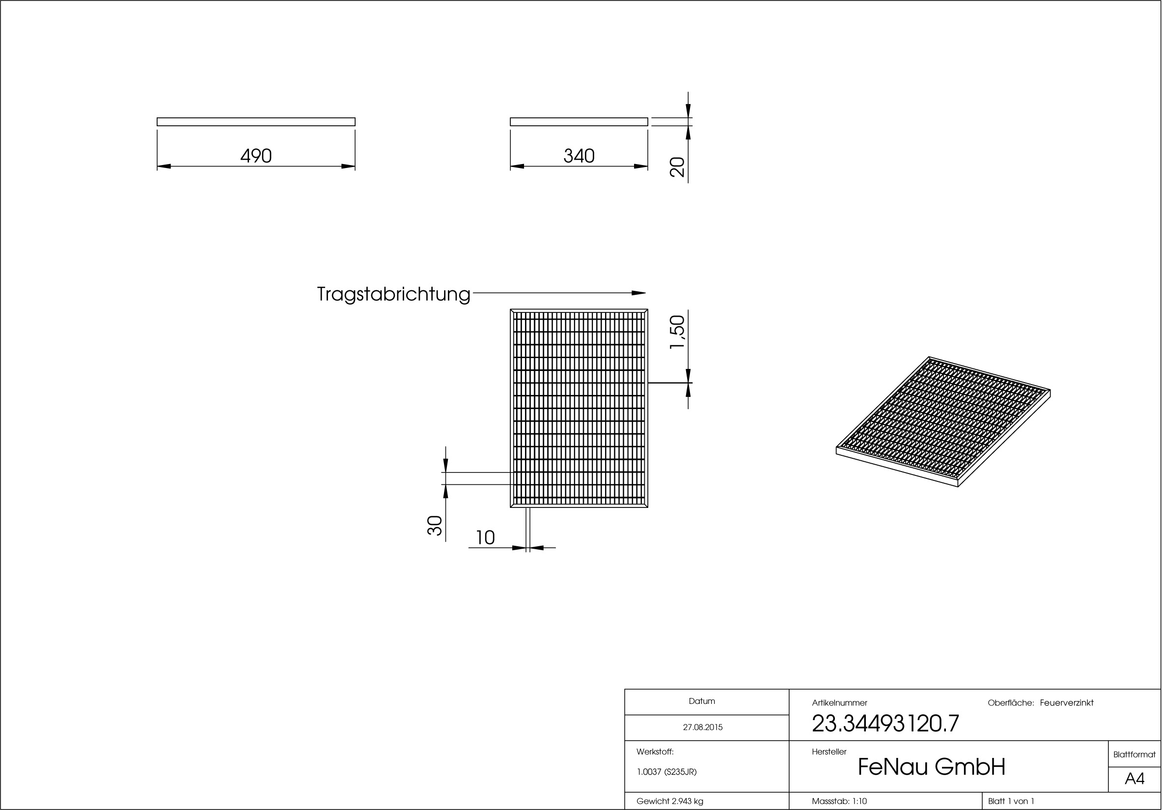 Lichtschachtrost Baunormrost | Maße:  340x490x20 mm 30/10 mm | aus S235JR (St37-2), im Vollbad feuerverzinkt