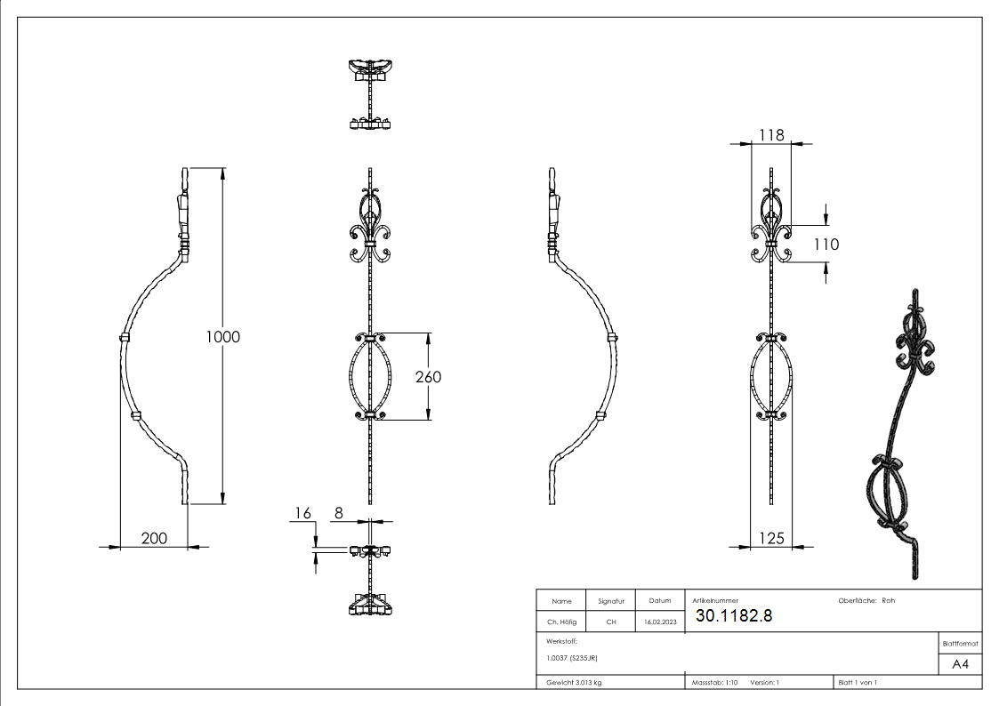 Bauchstab | Länge: 1000 mm | Material: 16x8 mm | Stahl S235JR, roh