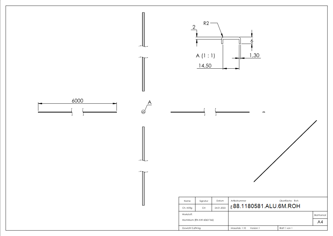 Kantenschutz EXTRA SLIM- fuer Glas 12-00 - 13-52mm- L=6m- Aluminium roh-88-1180581-ALU-6M.ROH