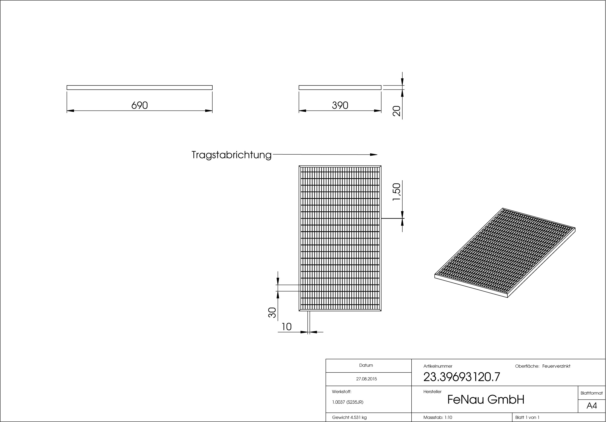 Lichtschachtrost Baunormrost | Maße:  390x690x20 mm 30/10 mm | aus S235JR (St37-2), im Vollbad feuerverzinkt