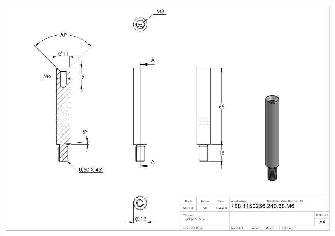 Stift Ø 12mm, Länge: 68mm, Innengewinde M6, V2A