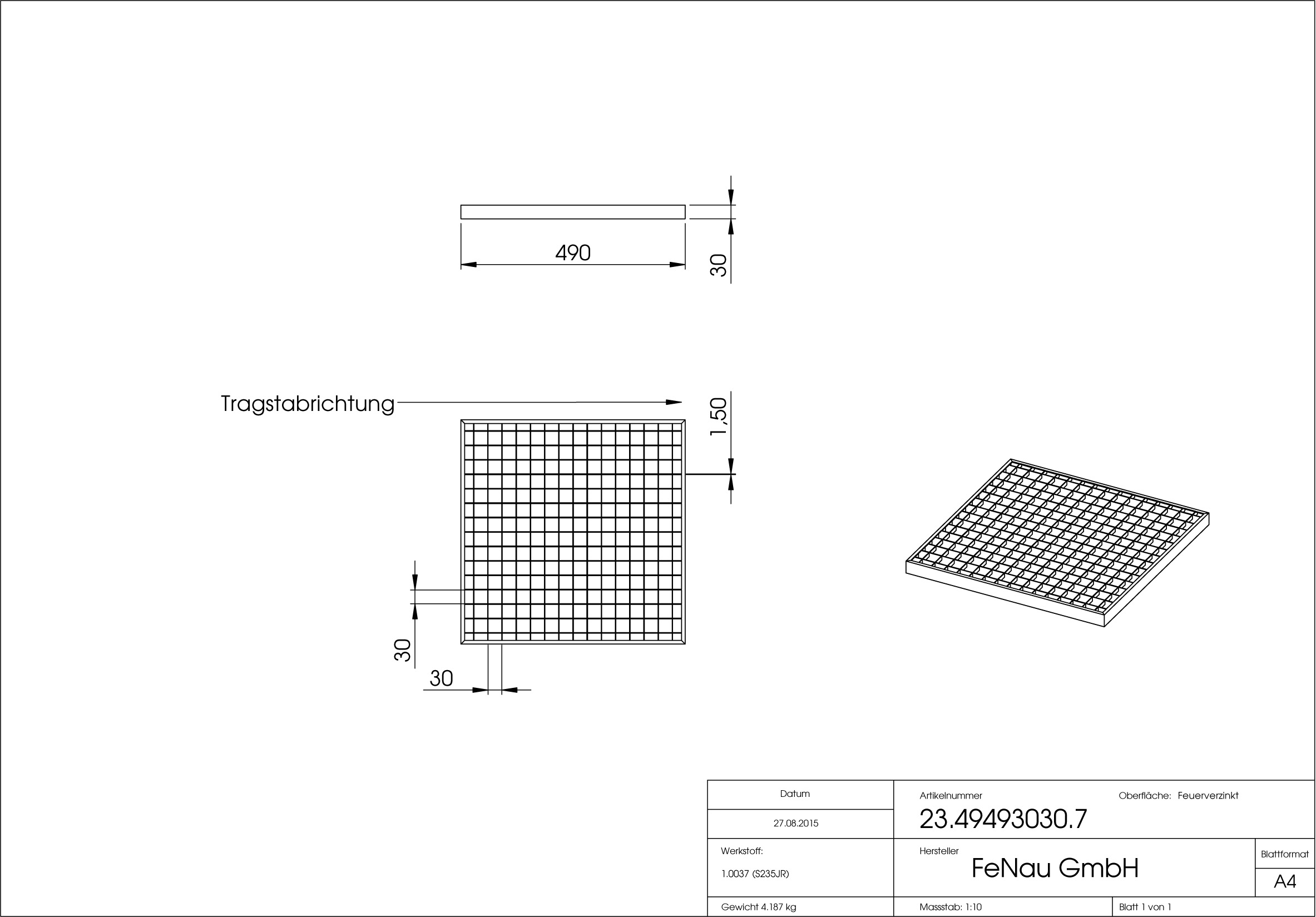 Garagen-Gitterrost | Maße:  490x490x30 mm 30/30 mm | aus S235JR (St37-2), im Vollbad feuerverzinkt