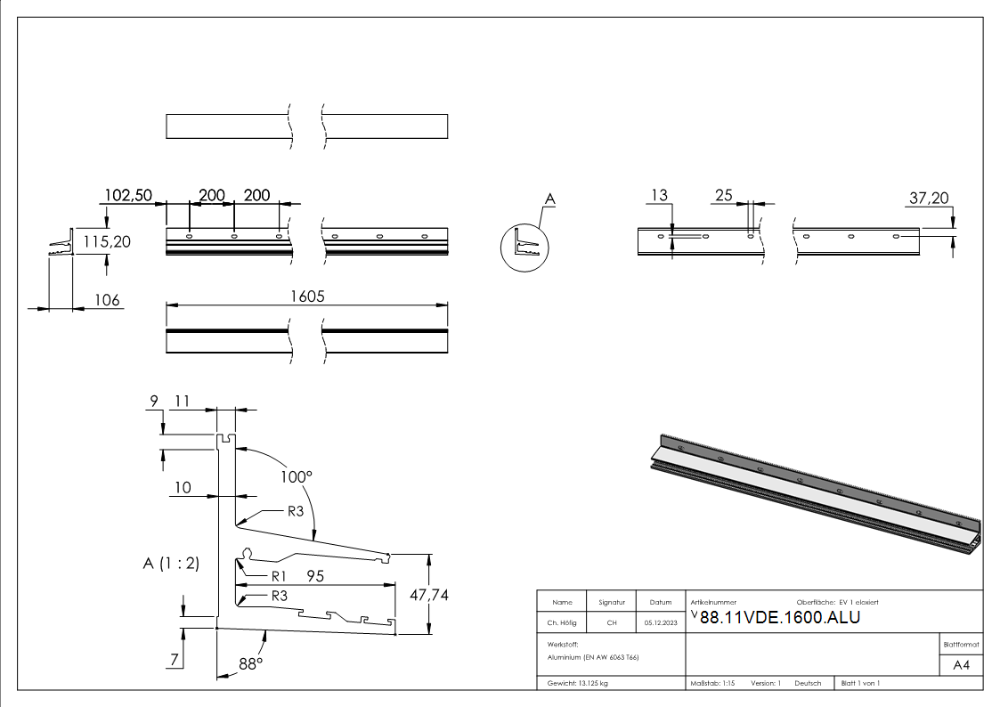 Vordachprofil Aluminium eloxiert L = 1605 mm mit ETA-88-11VDE-1600.ALU