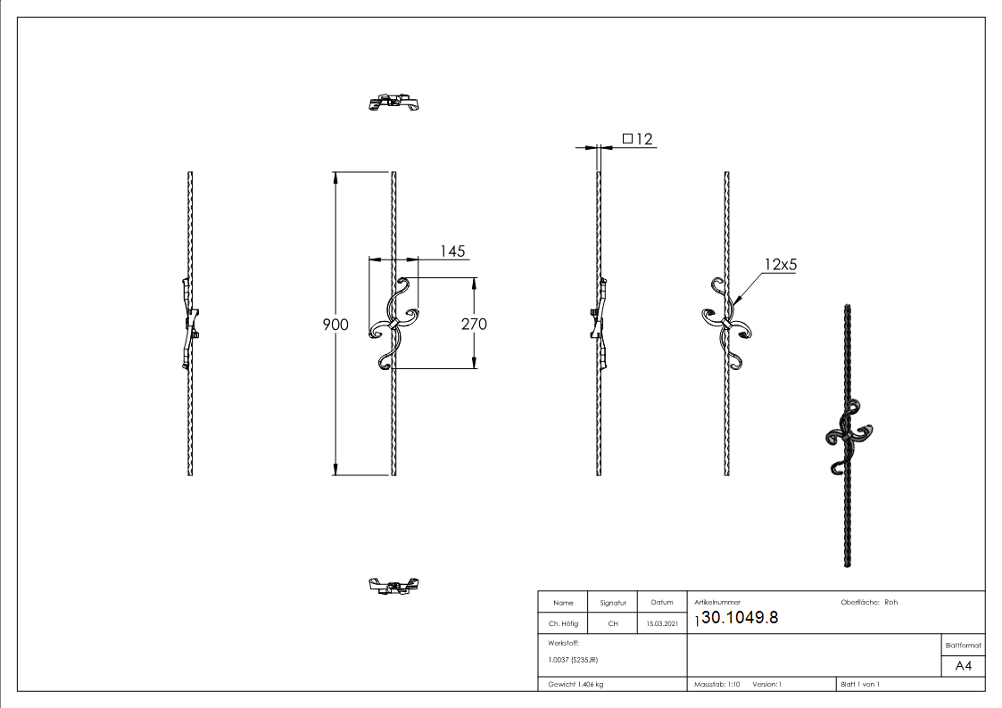 Zierstab - Laenge- 900 mm - Material- 12x12 mm - gehaemmert - Stahl -Roh- S235JR-30-1049.8