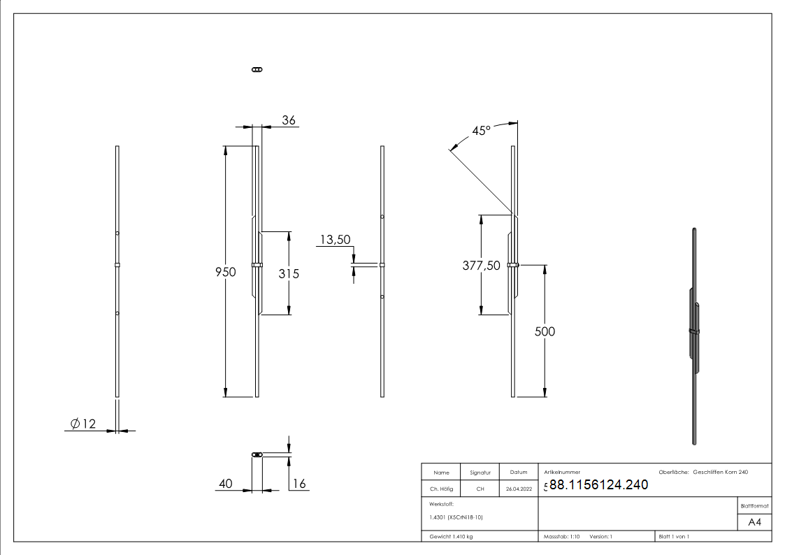 Designstab Edelstahl V2A Ø 12 mm L = 950 mm geschliffen Korn 240-88-1156124.240
