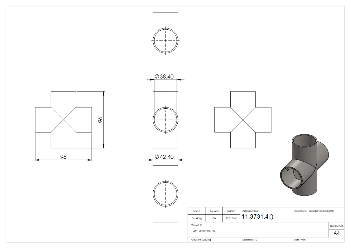 Kreuzstueck zum Schweissen fuer Rundrohr- Ø 42-4 mm V2A-11-3731.4
