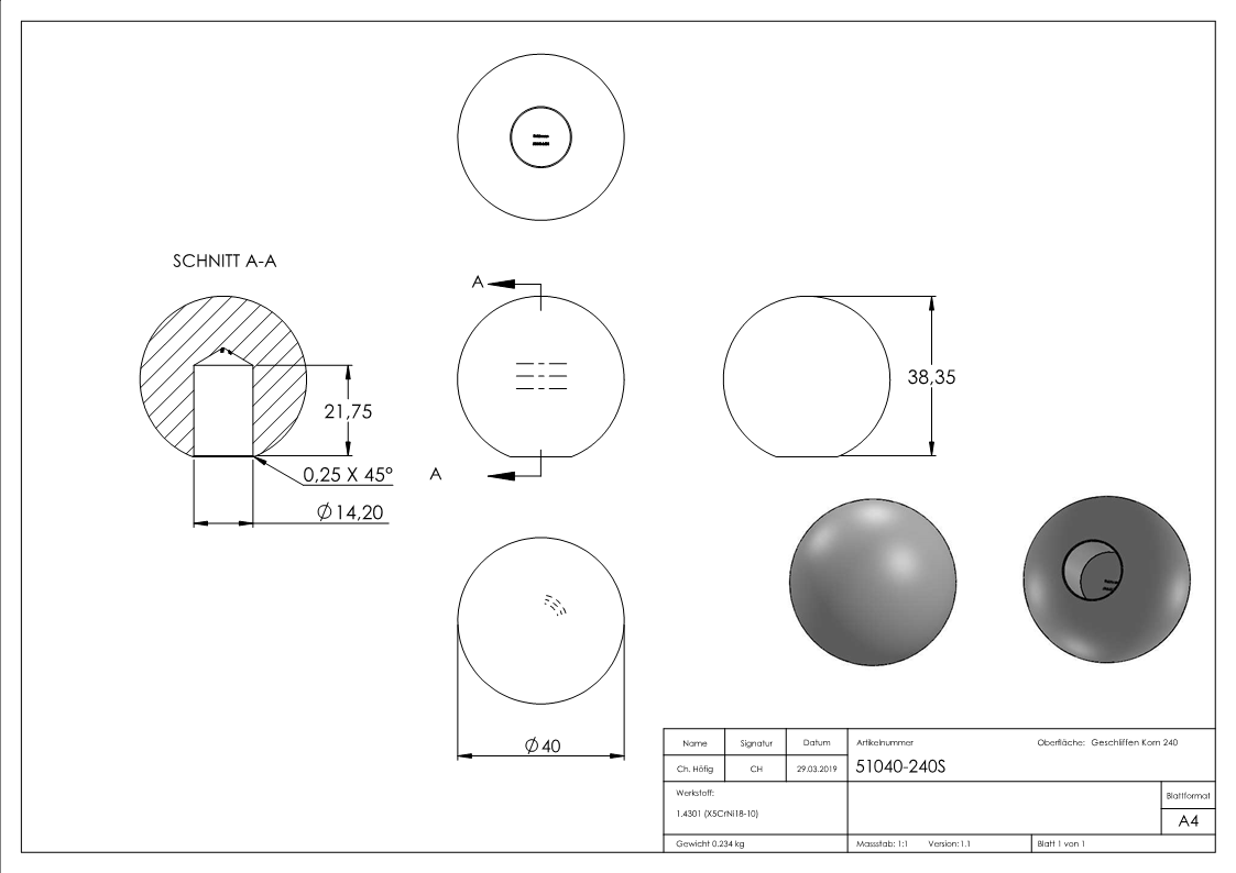 Kugel | Ø 40 mm | Vollmaterial mit Sackloch: 14,2 mm | V2A