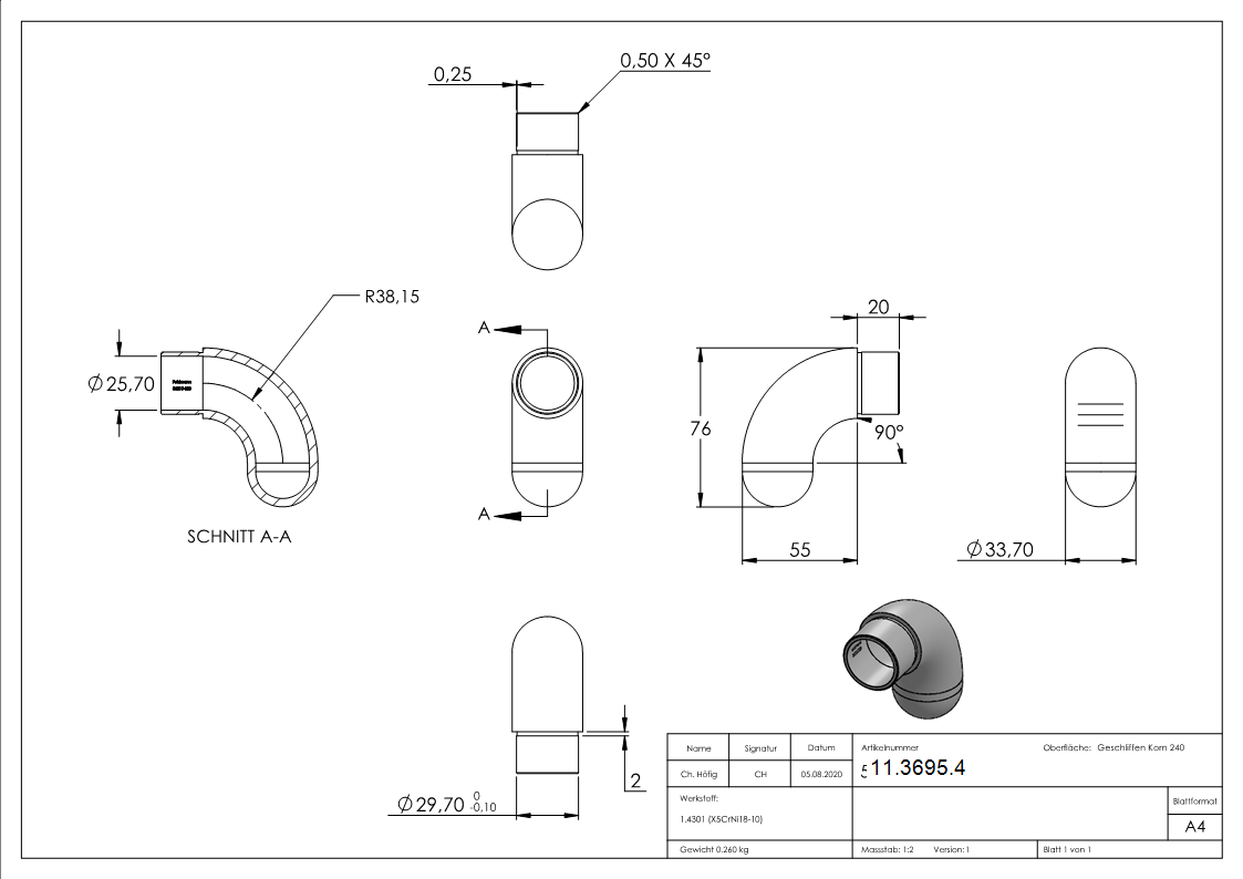 Endbogen V2A fuer Rohr Ø 33-7 x 2-0 mm 90° halbrund zum Stecken-11-3695.4