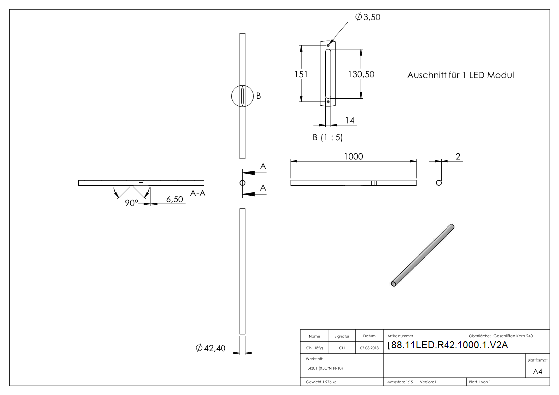 Edelstahlrohr V2A 42-4 x 2-0 mm 1000 mm mit 1 Ausschnitt Korn 240 geschliffen-88-11LED-R42-1000-1.V2A