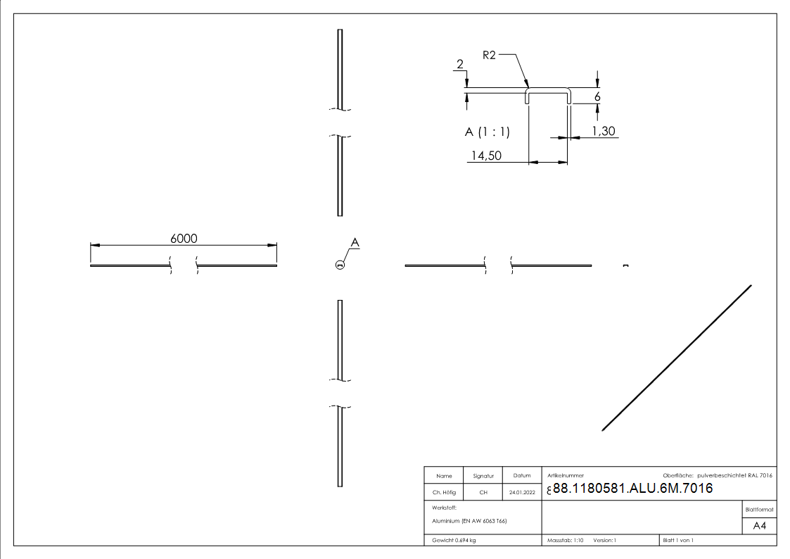 Kantenschutz EXTRA SLIM, für Glas 12,00 - 13,52mm, L=6m, Aluminium RAL 7016