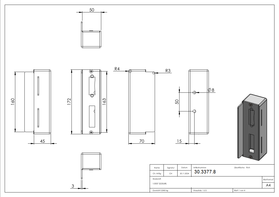 Gegenkasten - Masse- 50x45x172 mm - Stahl -Roh- S235JR-30-3377.8