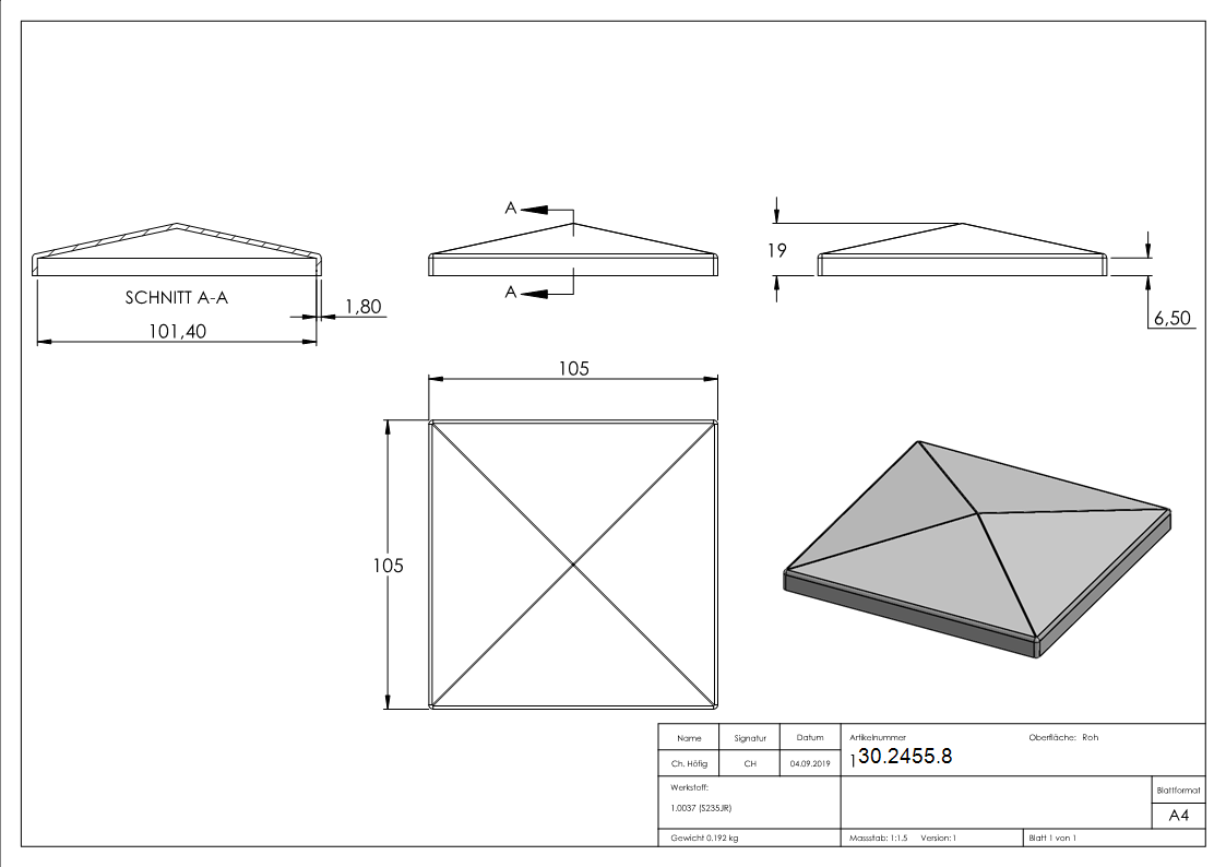 Pfeilerbedecker | für Quadratrohr | Maße: 100x100 mm | Stahl S235JR, roh