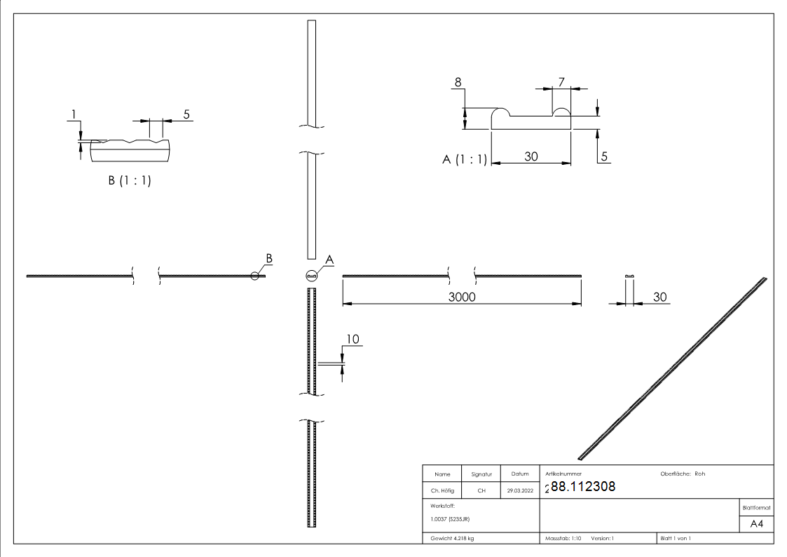 Hespeneisen gerillt 30 x 8 x 4mm; Länge 3m