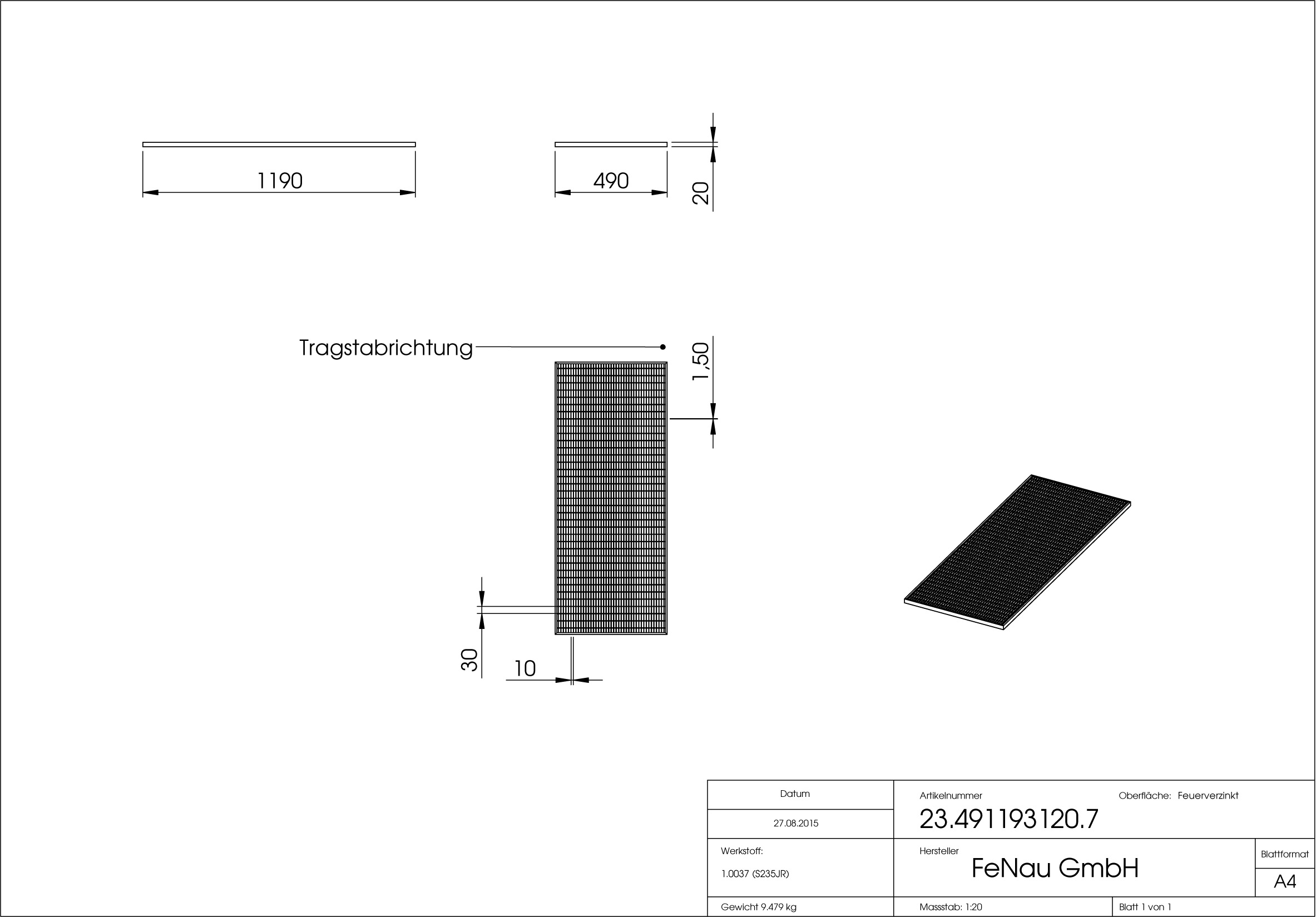 Lichtschachtrost Baunormrost | Maße:  490x1190x20 mm 30/10 mm | aus S235JR (St37-2), im Vollbad feuerverzinkt