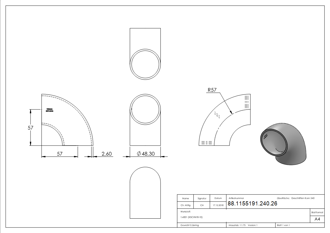 Schweissbogen 90°- 48-3mm- V2A- Bauart 3-88-1155191-240.26