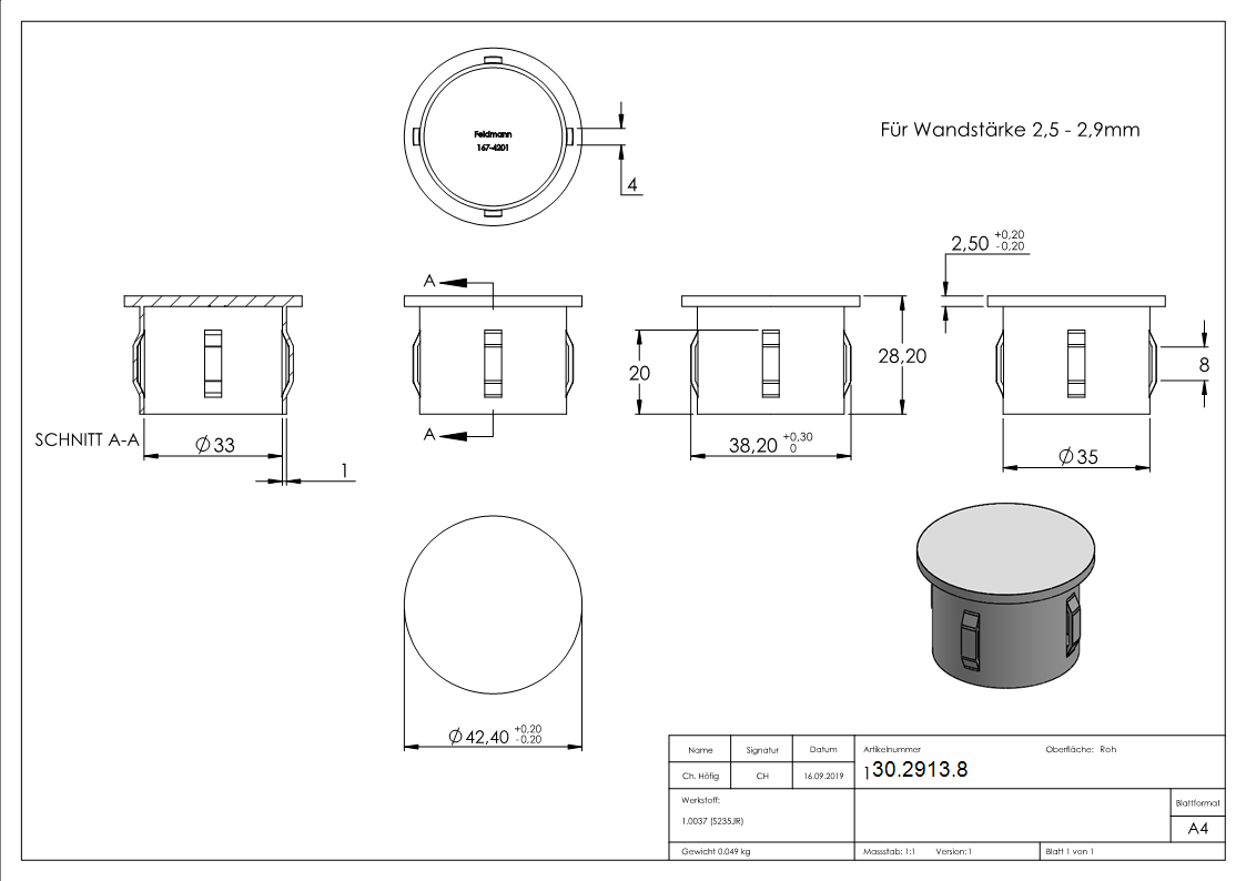 Stahlstopfen flach | für Rundrohr Ø 42,4x2,5-2,9 mm | Stahl S235JR, roh