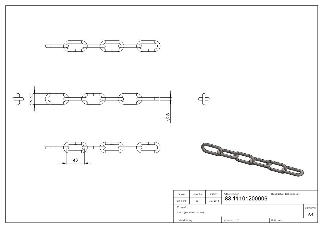 Langgliedrige Kette Edelstahl V4A Ø 6 mm DIN 763-88.11101200006