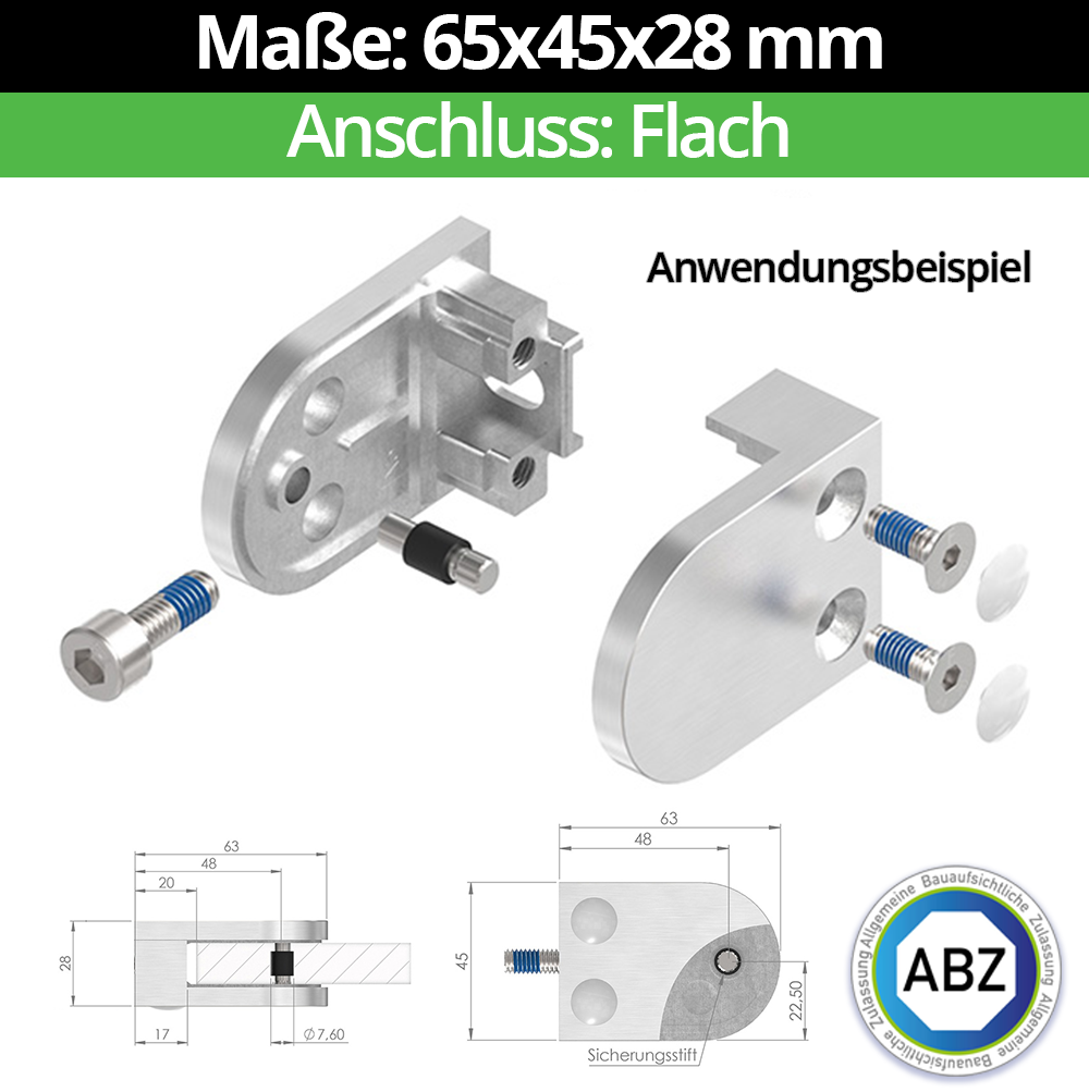 Glasklemme ABZ 65x45x28 mm Flach, V4A | AISI 316 | 1.4401/04, für 2,0 mm Blech, Sicherungsstift (Bohrung 12 mm)