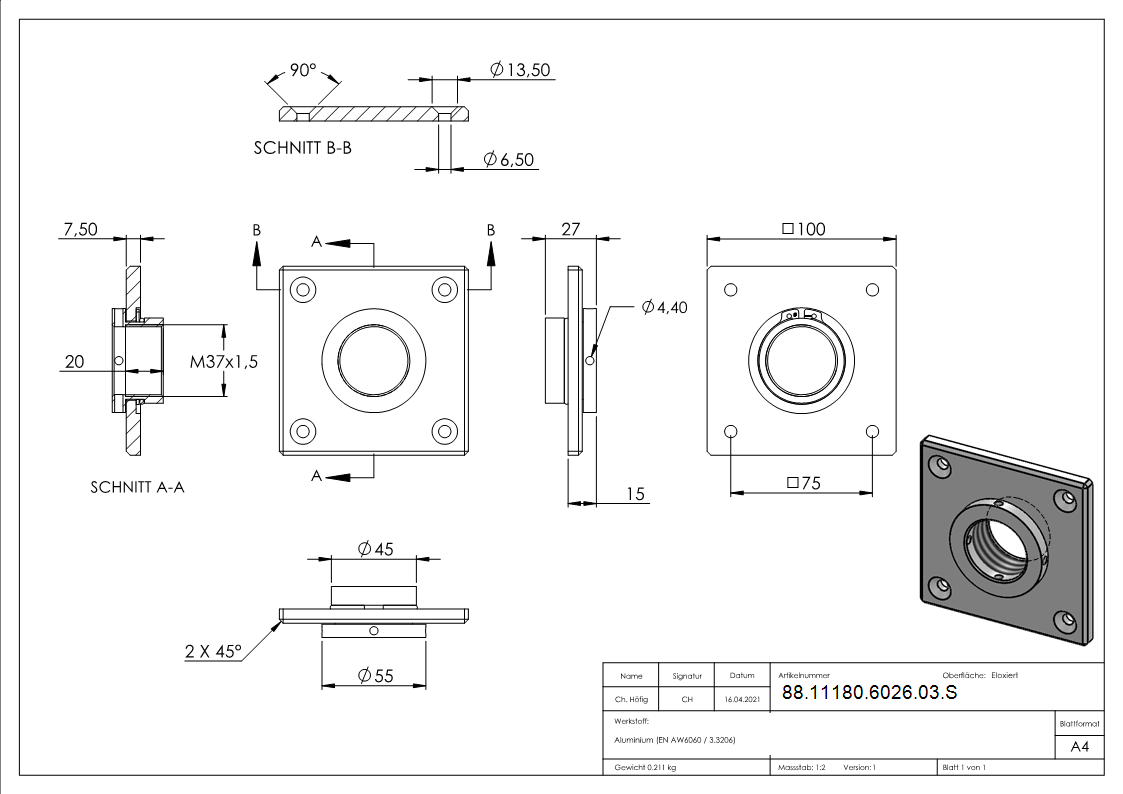 Montageplatte Aluminium 100 x 100 mm quadratisch zum Schrauben-88-11180-6026-03.S