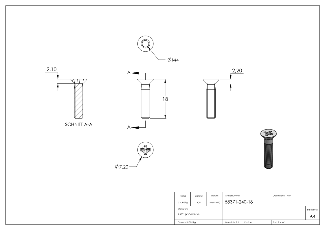 Senkkopfschraube M4 x 18 A2 DIN 965