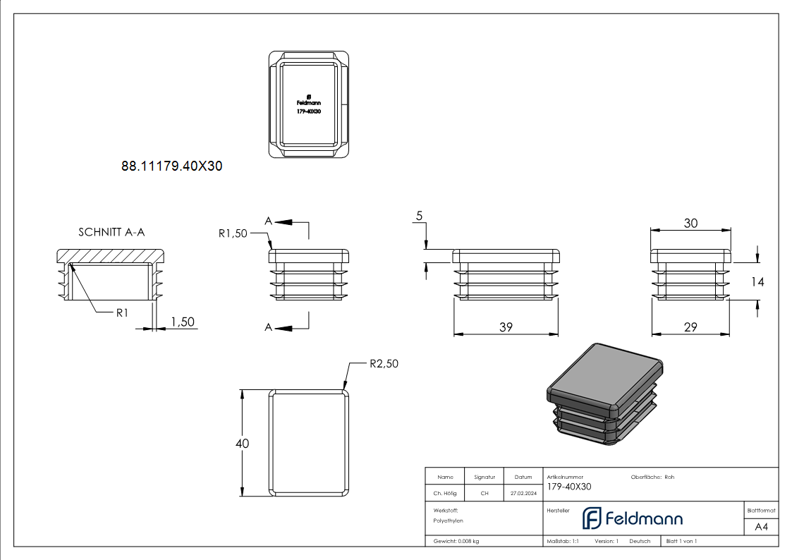 Kunststoffkappe fuer Rechteckrohr 40x30mm-88-11179.40X30