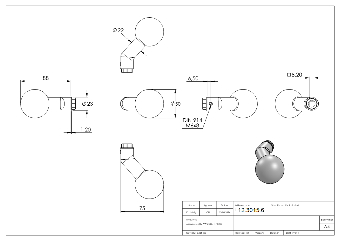 Alu-Tuerknopf gekroepft mit Kugel Ø 55 mm-12-3015.6