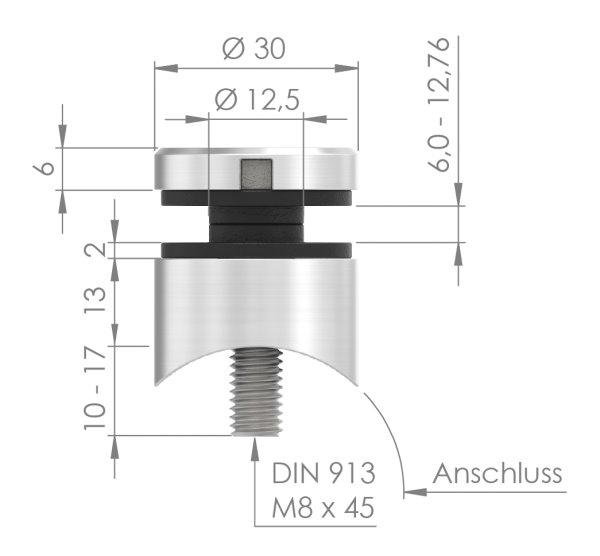 Glas-Punkthalter Ø 30 mm mit 42,4 mm Anschluss V2A