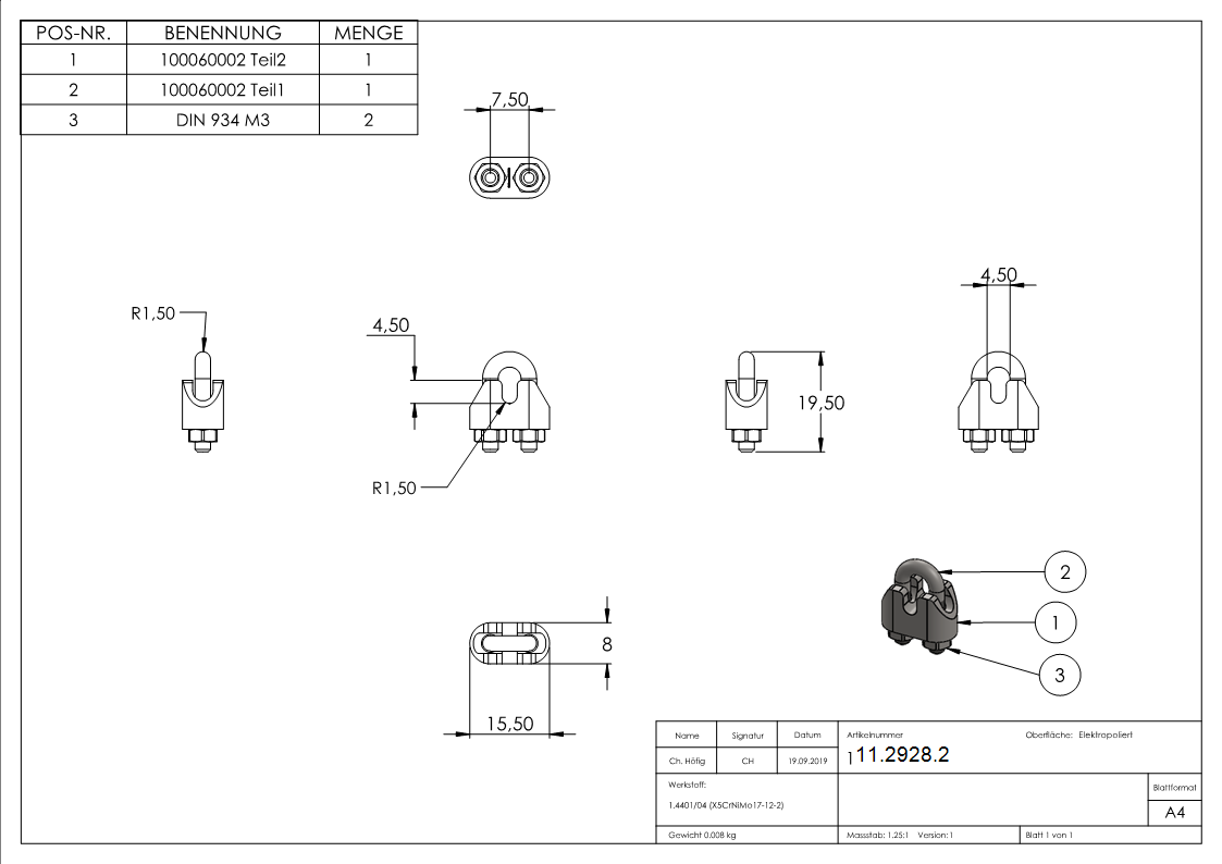 Drahtseilklemme - fuer Seil Ø- 2 mm - Gewinde- M3 - V4A-11-2928.2