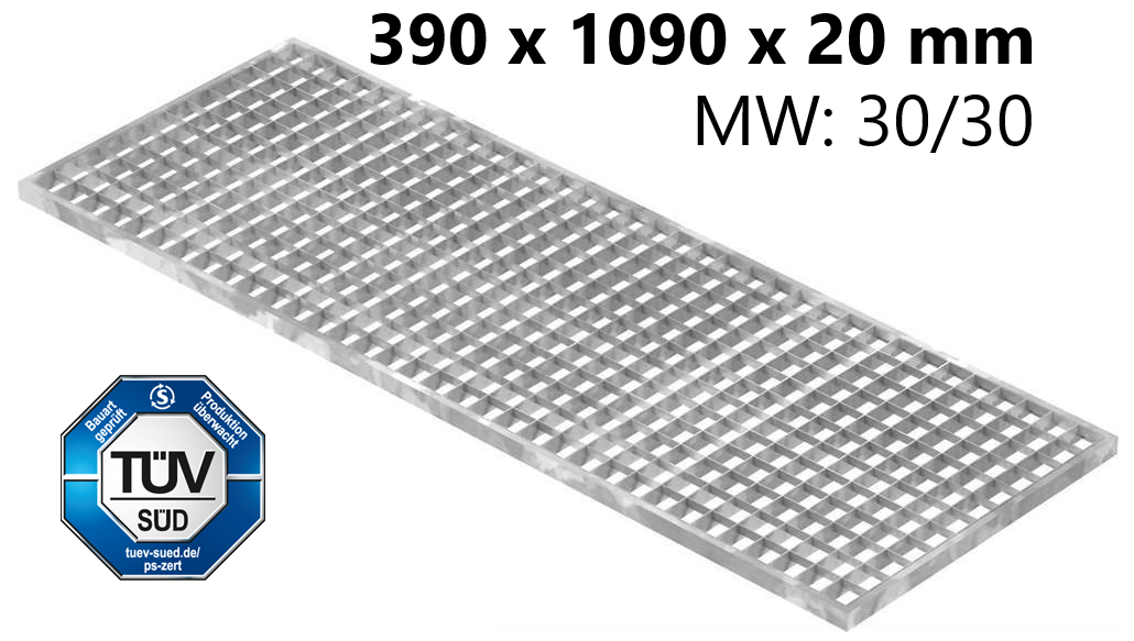 Lichtschachtrost Baunormrost | Maße:  390x1090x20 mm 30/30 mm | aus S235JR (St37-2), im Vollbad feuerverzinkt