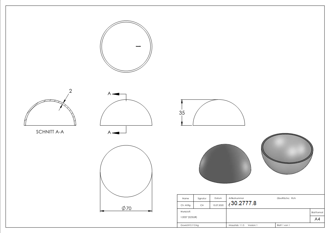Halbhohlkugel Ø 70 mm | glatt | Stahl S235JR, roh