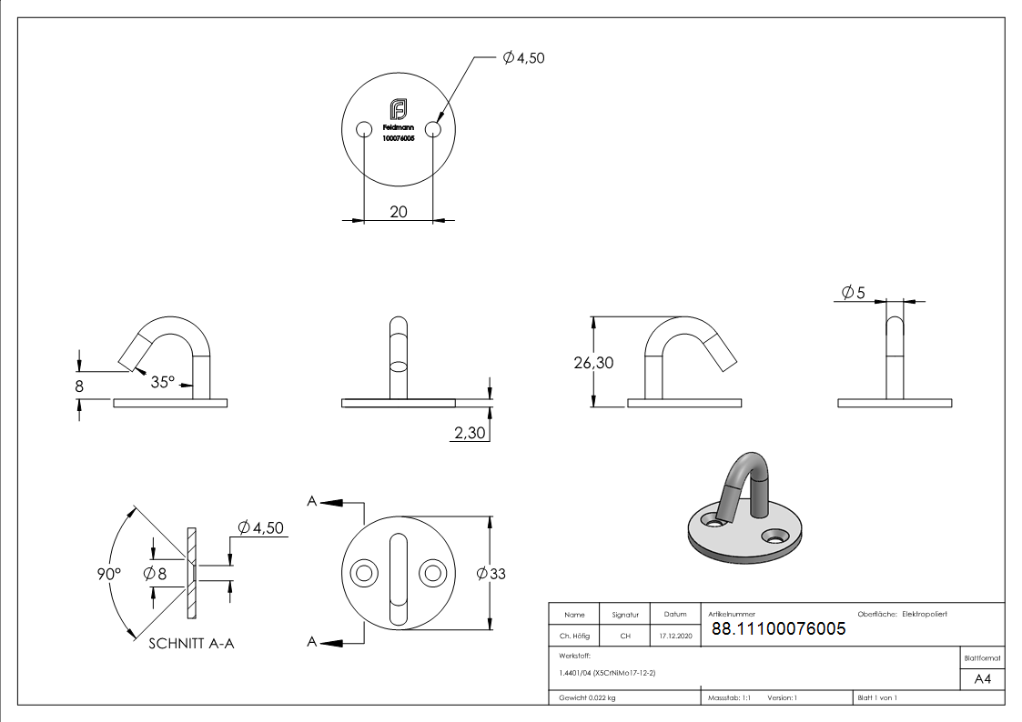 Befestigungsoese Edelstahl V4A Rundeisen Ø 5 mm mit runder Platte- 2 Bohrungen-88.11100076005