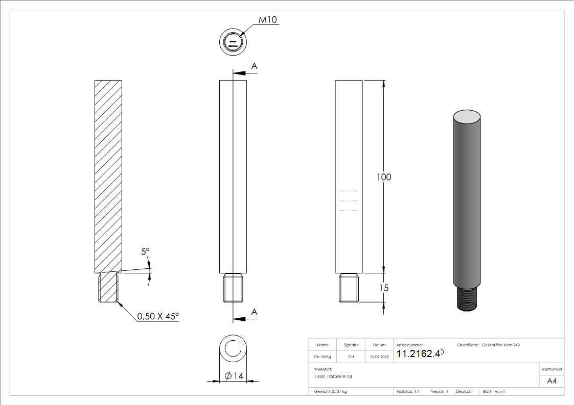 Stift | Maße: 100x14 mm | Gewinde: M10x15 mm | zum Anschweißen | V2A
