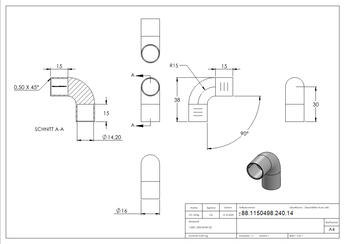 Rundstabverbinder für Ø 14mm, 90°