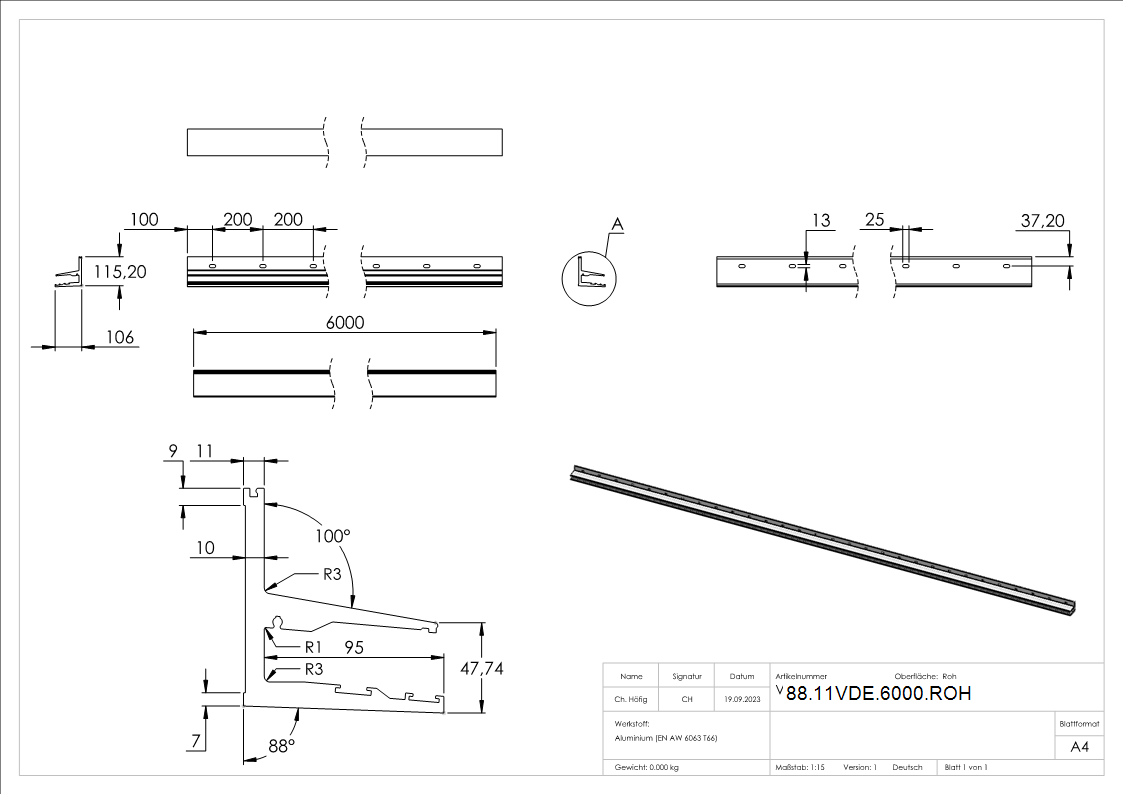 Vordachprofil eleganza canopy- L=6000mm- roh-88-11VDE-6000.ROH