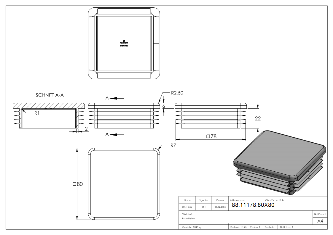 Kunststoffkappe für Quadratrohr 80x80mm