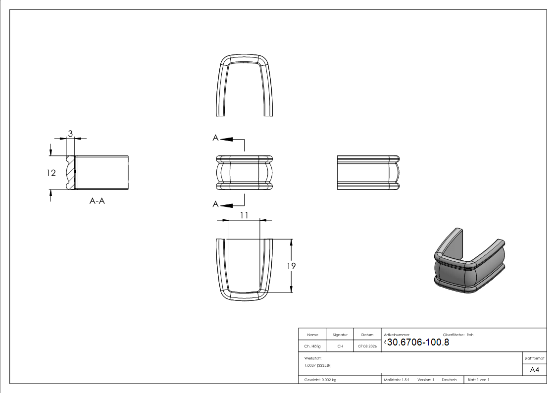 Bund - 100 Stueck - Material- 12x3 mm - Innenmass- 11x19 mm - Stahl -Roh- S235JR-30-6706-100.8