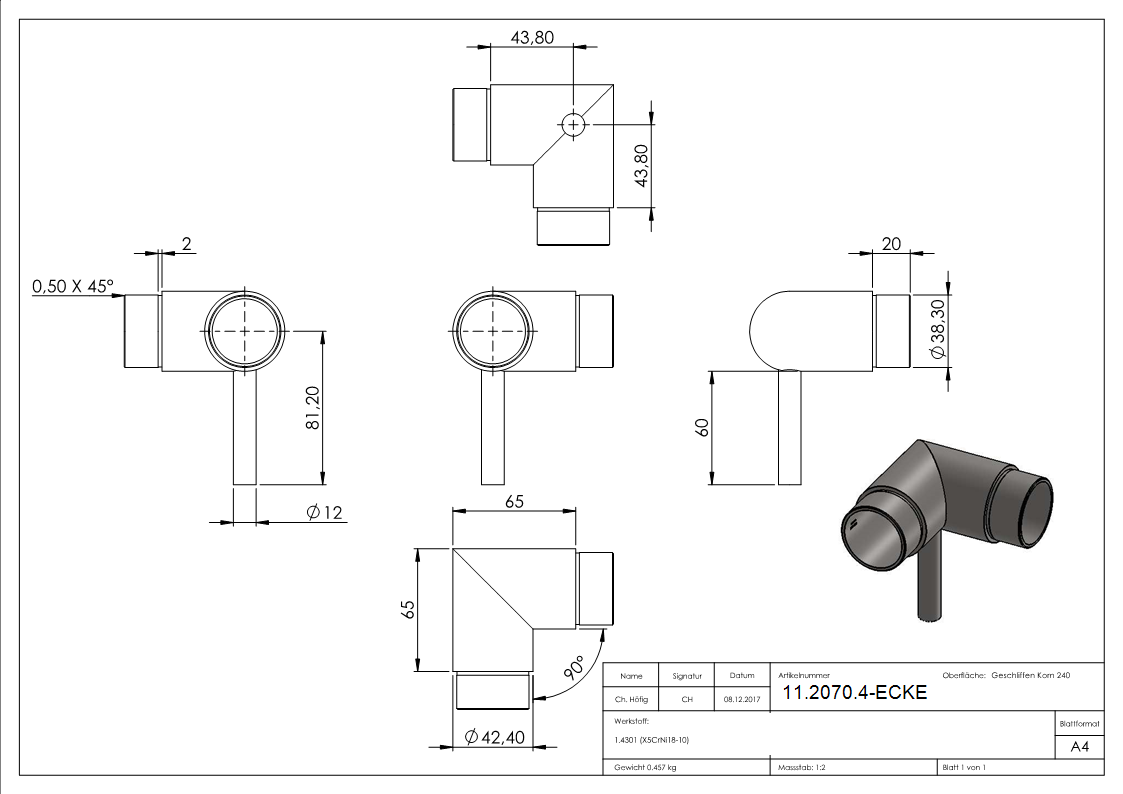 Steckecke mit Stift für Rundrohr Ø 42,4 x 2,0 mm V2A